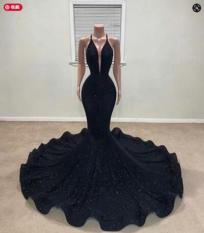 Black Spaghetti Strap V Neck Mermaid Prom Dresses，1630