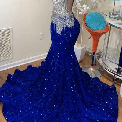 Long fitted sequins velvet prom dress,blue wedding dress,reception mermaid dress,prom dress,african women dress，1632