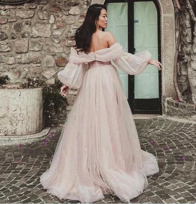Pink Shiny Tulle Prom Dresses Off The Shoulder Long Puff Sleeve Evening Party Gowns 2023 Slit Women Arabia Wedding Dress，1634