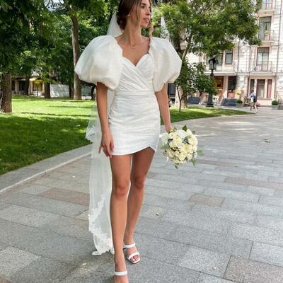 Short wedding dress with puff sleeves bridal gown mini wedding dress and veil short sleeve wedding dress simple，1635 - Thumbnail 2