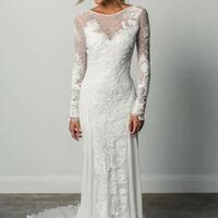 A Line Long Sleeves Ivory Rustic Lace Backless Scoop Neck Beach Wedding Dresses，1638 - Thumbnail 1