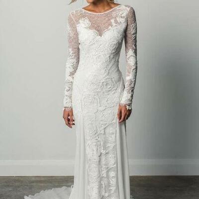 A line long sleeves ivory rustic lace backless scoop neck beach wedding dresses，1638 - Thumbnail 1