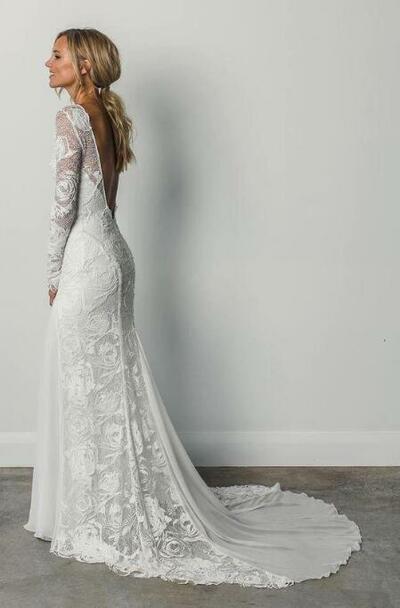 A Line Long Sleeves Ivory Rustic Lace Backless Scoop Neck Beach Wedding Dresses，1638