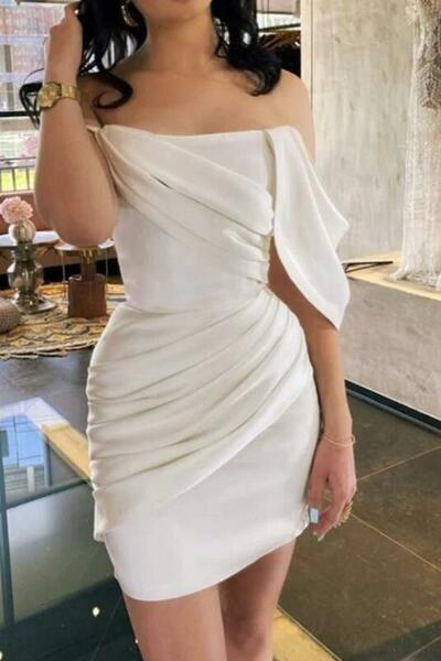 White satin off the shoulder wedding dress Homecoming Dress，1639