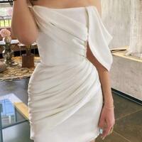 White satin off the shoulder wedding dress Homecoming Dress，1639 - Thumbnail 1