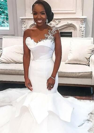 Fantastic Tulle & Satin One Shoulder Mermaid Wedding Dresses With Beadings prom dress，1641