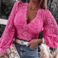 Fashion Casual Solid Color Lace Long Sleeve Top - Thumbnail 1