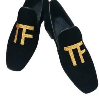 New tom ford black velvet men gold tf monogram logo loafers shoes - Thumbnail 4