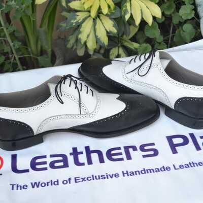 Crafted leather black white calf leather wingtip oxford lace up dress shoes - Thumbnail 4