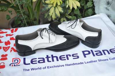 Crafted Leather Black White Calf Leather Wingtip Oxford Lace up Dress Shoes