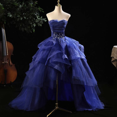 Blue ruffles tulle tiered crystal beaded top high low prom dress