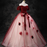 Burgundy Velvet and Tulle Long Ball Gown - Thumbnail 3