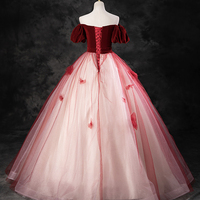 Burgundy Velvet and Tulle Long Ball Gown - Thumbnail 4