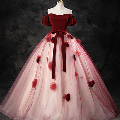 Burgundy velvet and tulle long ball gown - Thumbnail 1