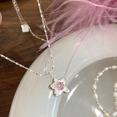 Pink Rhinestone Crystal Star Pendant Necklace 