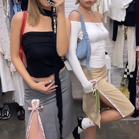 Grey Lace Bow Side Split Midi Skirt  - Thumbnail 5