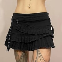 Black Denim Pleated Low Waist Irregular Mini Skirt  - Thumbnail 2