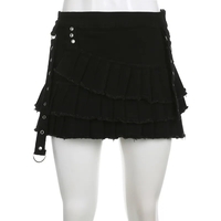 Black Denim Pleated Low Waist Irregular Mini Skirt  - Thumbnail 4