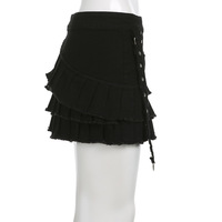 Black Denim Pleated Low Waist Irregular Mini Skirt  - Thumbnail 6