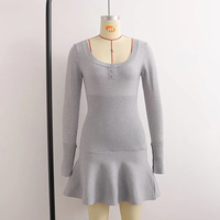 Blue Knit Long Sleeve Button Mini Dress  - Thumbnail 8