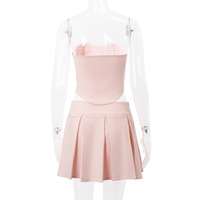 2PCS Pink Side Cross Strapless Top + Pleated Mini Skirt  - Thumbnail 7