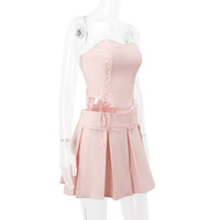 2PCS Pink Side Cross Strapless Top + Pleated Mini Skirt  - Thumbnail 6