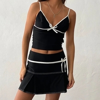 2PCS Black Patchwork Bow Tank Top + Pleated Mini Skirt  - Thumbnail 5