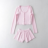 2PCS Pink Ribbed Button Long Sleeve Crop Top + Shorts  - Thumbnail 2