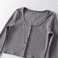 2PCS Pink Ribbed Button Long Sleeve Crop Top + Shorts  - Thumbnail 4