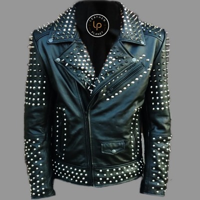 Handmade men black silver studded brando biker cowhide leather jacket  - Thumbnail 3