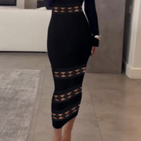 Temperament Off Shoulder Black Long Sleeve Dress - Thumbnail 3