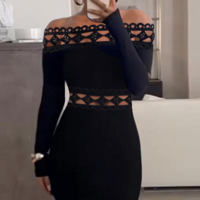 Temperament Off Shoulder Black Long Sleeve Dress - Thumbnail 1
