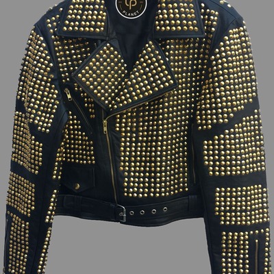 Crafted leather new handmade golden studded real leather jacket with heavy metal studs customizable bikers jacket  - Thumbnail 5