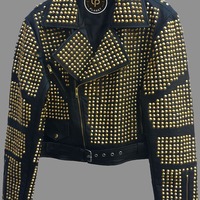 Crafted Leather New Handmade Golden Studded Real Leather Jacket with Heavy Metal Studs Customizable Bikers Jacket  - Thumbnail 1