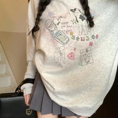 Grey animal fleece crew neck sweater 