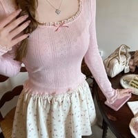 Pink Bow Lace Trim Long Sleeve Shirt  - Thumbnail 1