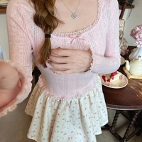 Pink Bow Lace Trim Long Sleeve Shirt  - Thumbnail 3