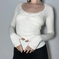 White Lace Trim Square Collar Long Sleeve Shirt  - Thumbnail 3