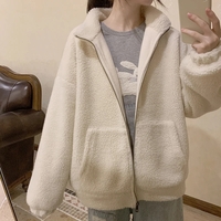 Fluffy Fleece Bear Embroidery Loose Zipper Jacket  - Thumbnail 1