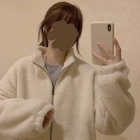 Fluffy Fleece Bear Embroidery Loose Zipper Jacket  - Thumbnail 4