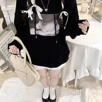 Black Rabbit Bow Loose Hoodie  - Thumbnail 3