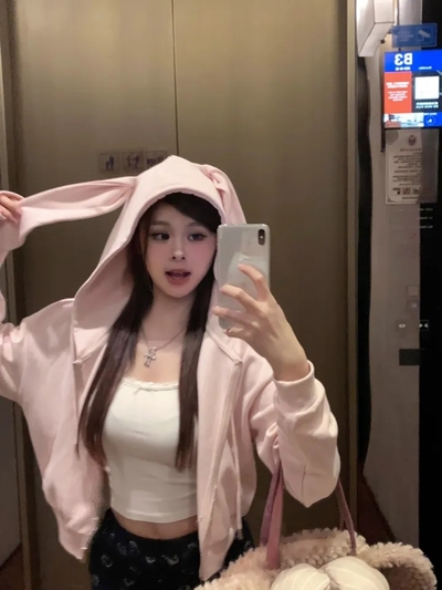 Pink Rabbit Ear Zipper Hoodie 