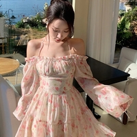 Rose Watercolor Off Shoulder Puff Sleeve Dress  - Thumbnail 2