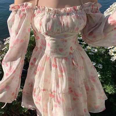 Rose watercolor off shoulder puff sleeve dress 