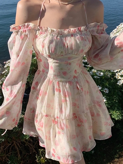 Rose Watercolor Off Shoulder Puff Sleeve Dress 