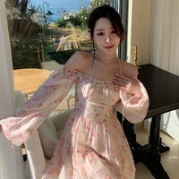 Rose Watercolor Off Shoulder Puff Sleeve Dress  - Thumbnail 1