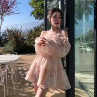 Rose Watercolor Off Shoulder Puff Sleeve Dress  - Thumbnail 4