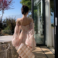 Rose Watercolor Off Shoulder Puff Sleeve Dress  - Thumbnail 7