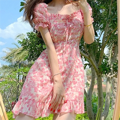 Pink Flower Ruffle Puff Sleeve Dress