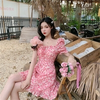 Pink Flower Ruffle Puff Sleeve Dress - Thumbnail 2